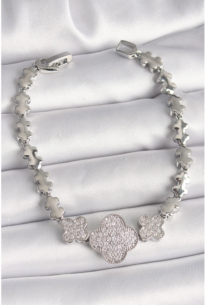 Shoecide Pirinç Gümüş Renk Zirkon Taşlı Yonca Model Zincir Model Kadın Bileklik