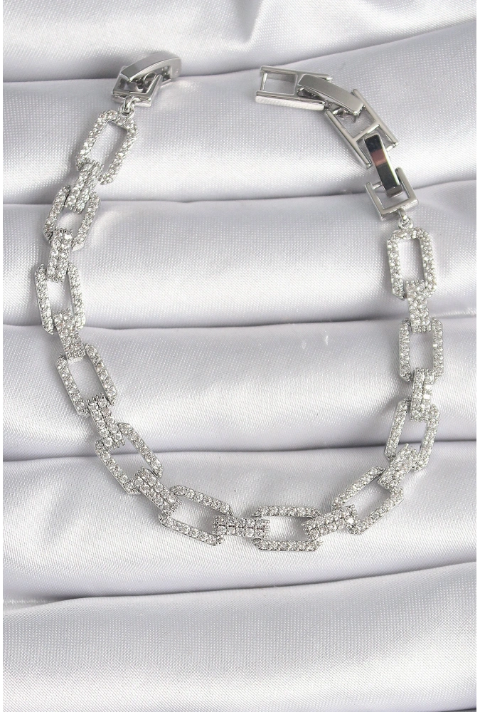 Shoecide Pirinç Gümüş Renk Zirkon Taşlı Zincir Model Vıp Seri Kadın Bileklik