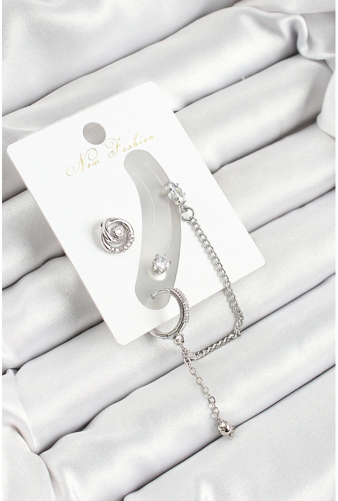 Shoecide Pirinç Halka Figürlü Zirkon Taşlı Gümüş Renk 3lü Kıkırdak Kadın Küpe Set