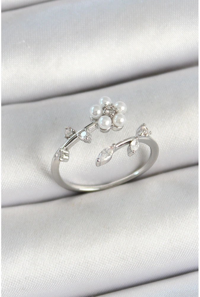 Shoecide Pirinç İnci Detaylı Papatya Figürlü Zirkon Taşlı Gümüş Renk Ayarlanabilir Kadın Yüzük