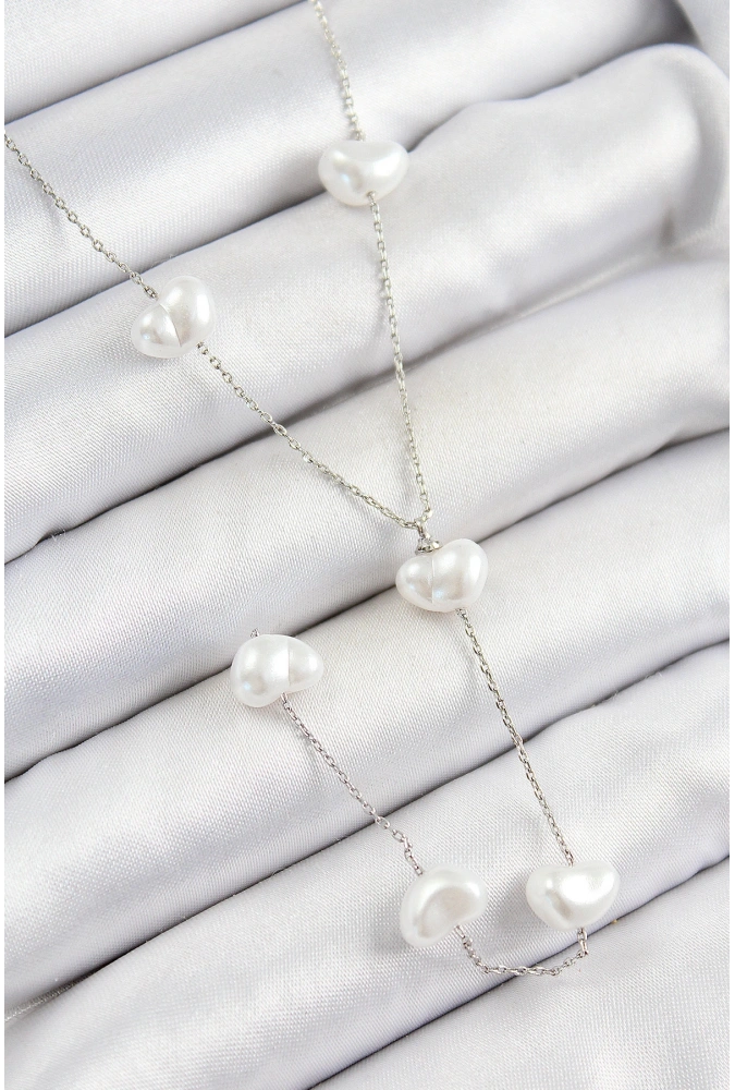 Shoecide Pirinç İncili Kalp Figürlü Y Model Gümüş Renk Kadın Kolye