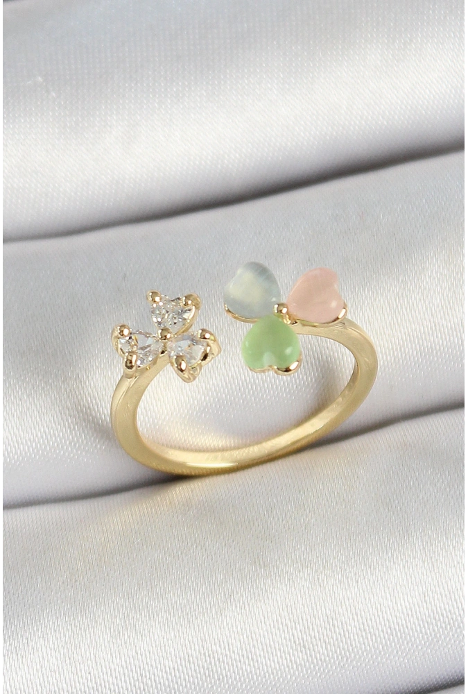 Shoecide Pirinç Kalp Figürlü Zirkon Taşlı Gold Renk Ayarlanabilir Kadın Yüzük