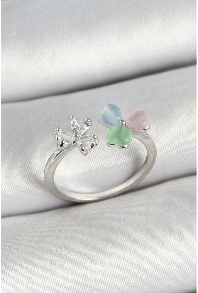 Shoecide Pirinç Kalp Figürlü Zirkon Taşlı Gümüş Renk Ayarlanabilir Kadın Yüzük