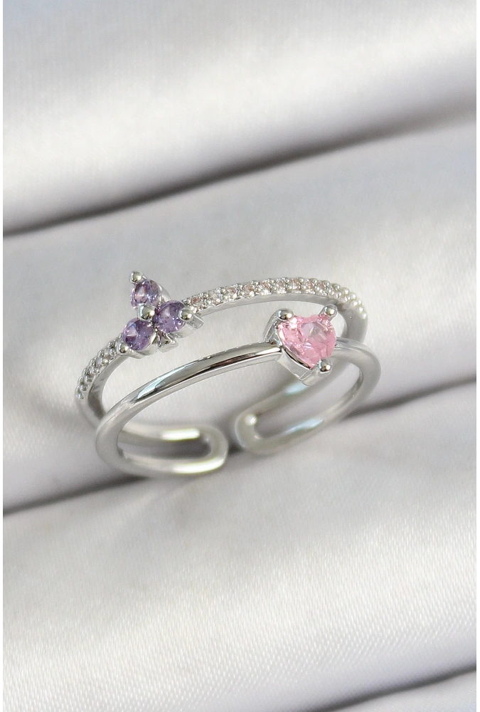 Shoecide Pirinç Kalp Ve Çiçek Figürlü Zirkon Taşlı Gümüş Renk Ayarlanabilir Kadın Yüzük