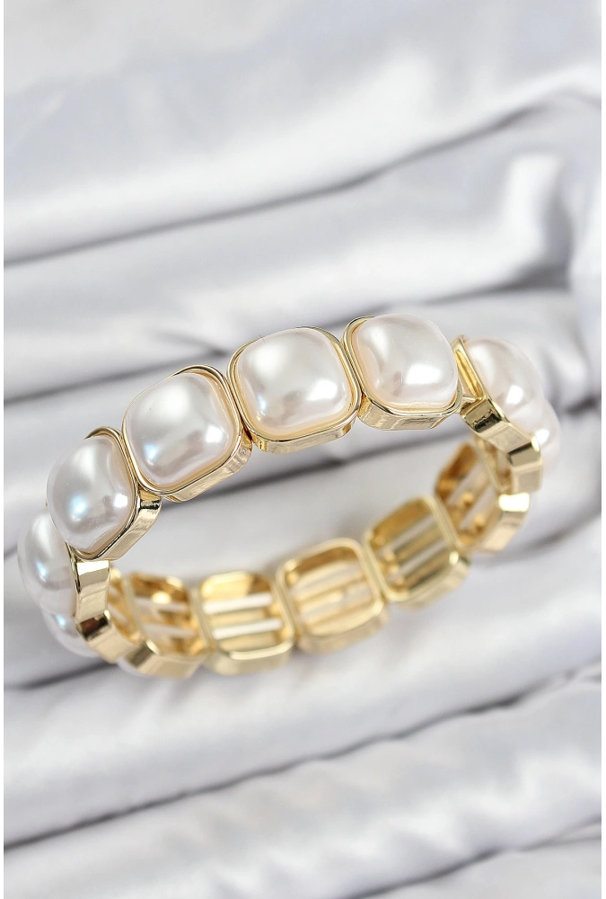 Shoecide Pirinç Kare İnci Model Gold Renk Lastikli Kadın Bileklik