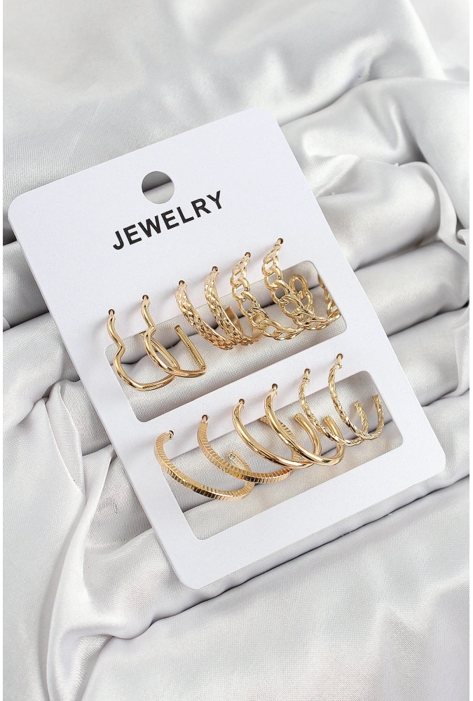 Shoecide Pirinç Karışık Halka Model Gold Renk 6 Çift Kadın Küpe Set