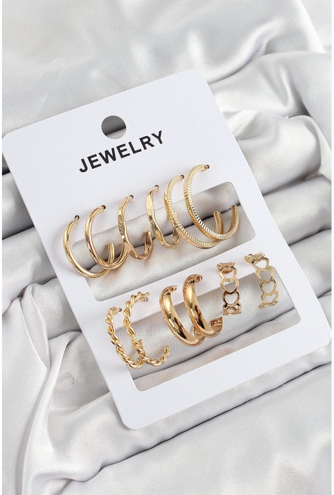 Shoecide Pirinç Karışık Halka Model Gold Renk 6 Çift Kadın Küpe Set