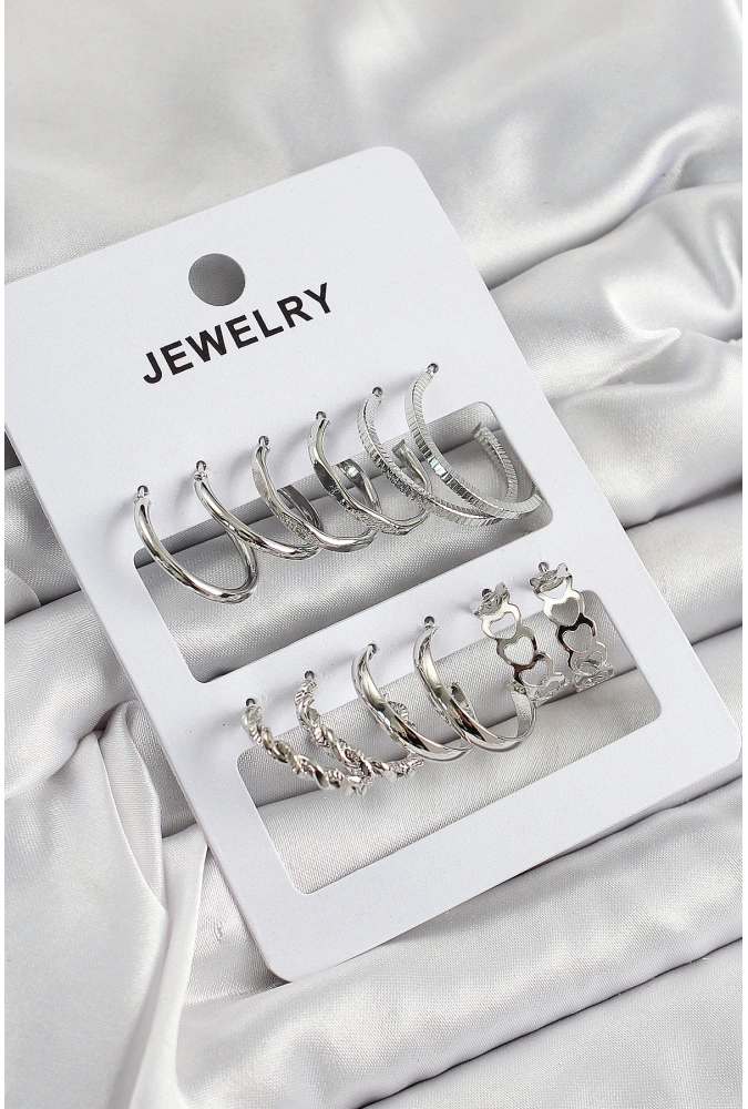 Shoecide Pirinç Karışık Halka Model Gümüş Renk 6 Çift Kadın Küpe Set