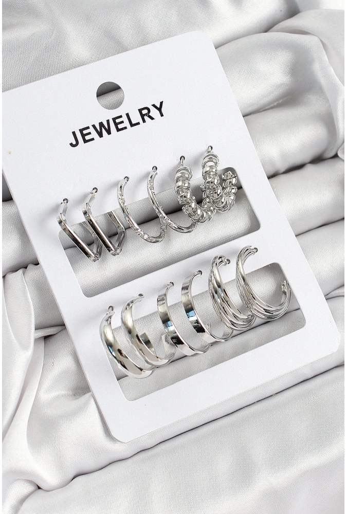 Shoecide Pirinç Karışık Halka Model Gümüş Renk 6 Çift Kadın Küpe Set