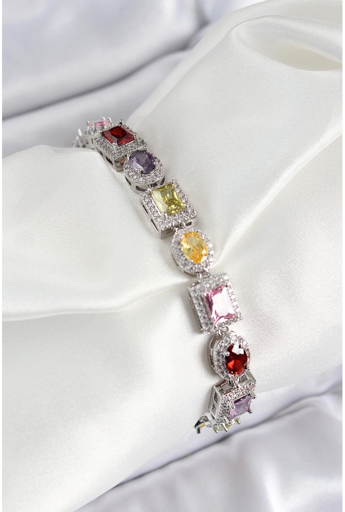 Shoecide Pirinç Karışık Zirkon Taşlı Baget Model Gümüş Renk Vıp Seri Kadın Bileklik