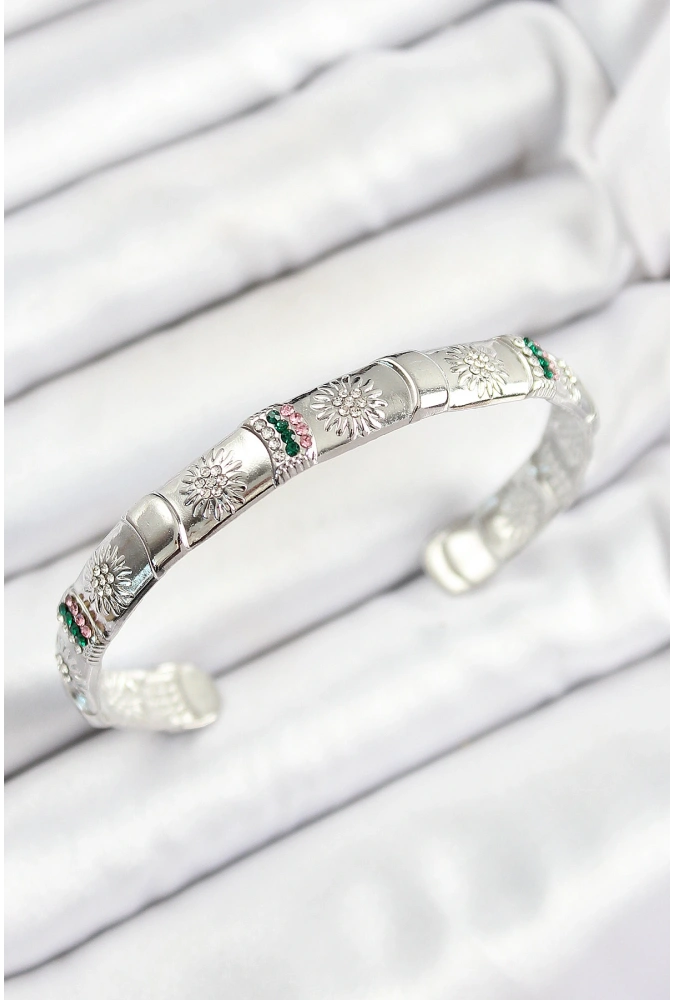 Shoecide Pirinç Karışık Zirkon Taşlı Çiçek Model Gümüş Renk Altı Açık Kadın Bileklik