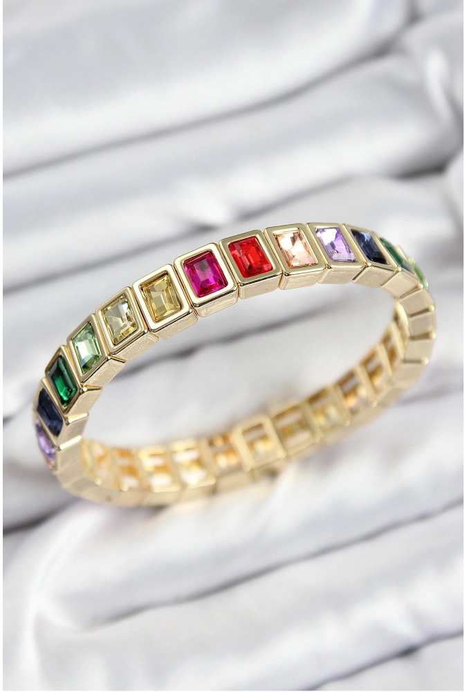 Shoecide Pirinç Karışık Zirkon Taşlı Dikdörtgen Model Gold Renk Lastikli Kadın Bileklik