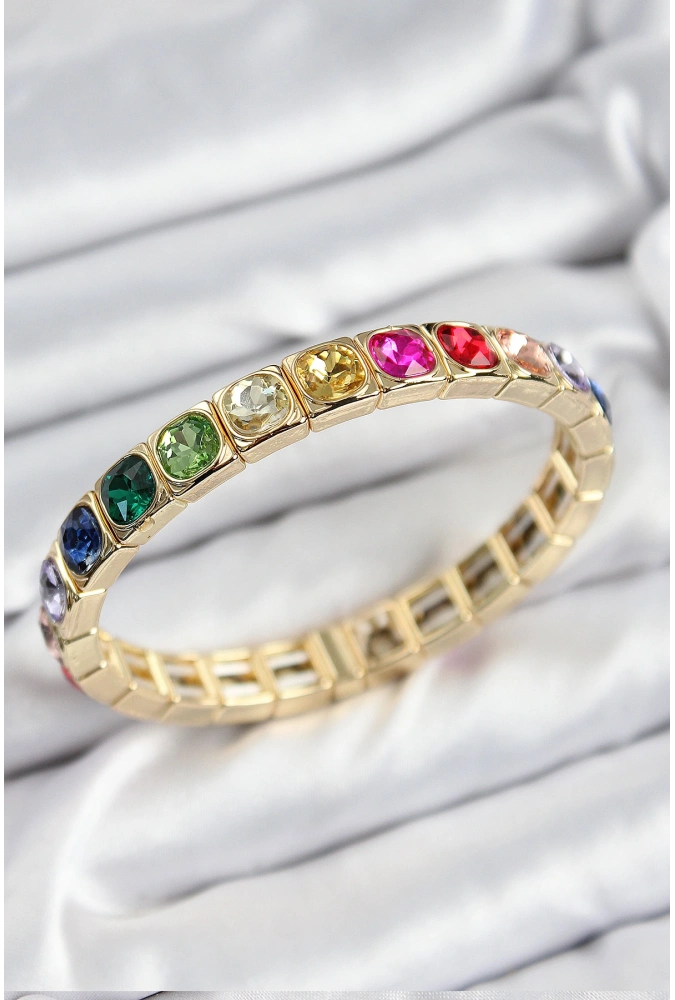 Shoecide Pirinç Karışık Zirkon Taşlı Kare Model Gold Renk Lastikli Kadın Bileklik