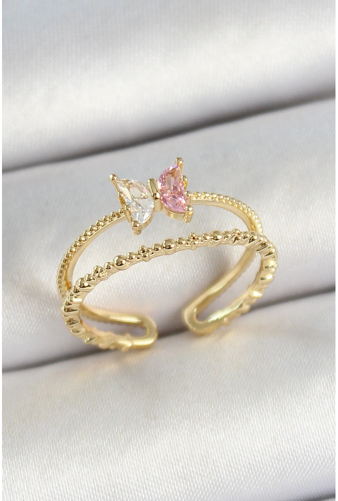 Shoecide Pirinç Kelebek Figürlü Zirkon Taşlı Gold Renk Ayarlanabilir Kadın Yüzük