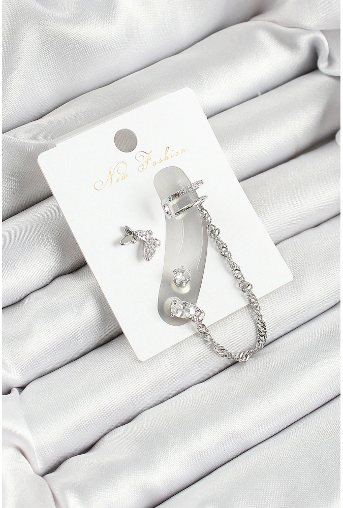 Shoecide Pirinç Kelebek Figürlü Zirkon Taşlı Gümüş Renk 3lü Kıkırdak Kadın Küpe Set