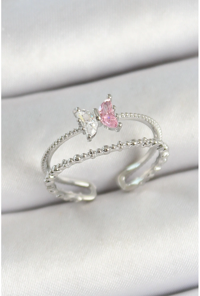 Shoecide Pirinç Kelebek Figürlü Zirkon Taşlı Gümüş Renk Ayarlanabilir Kadın Yüzük