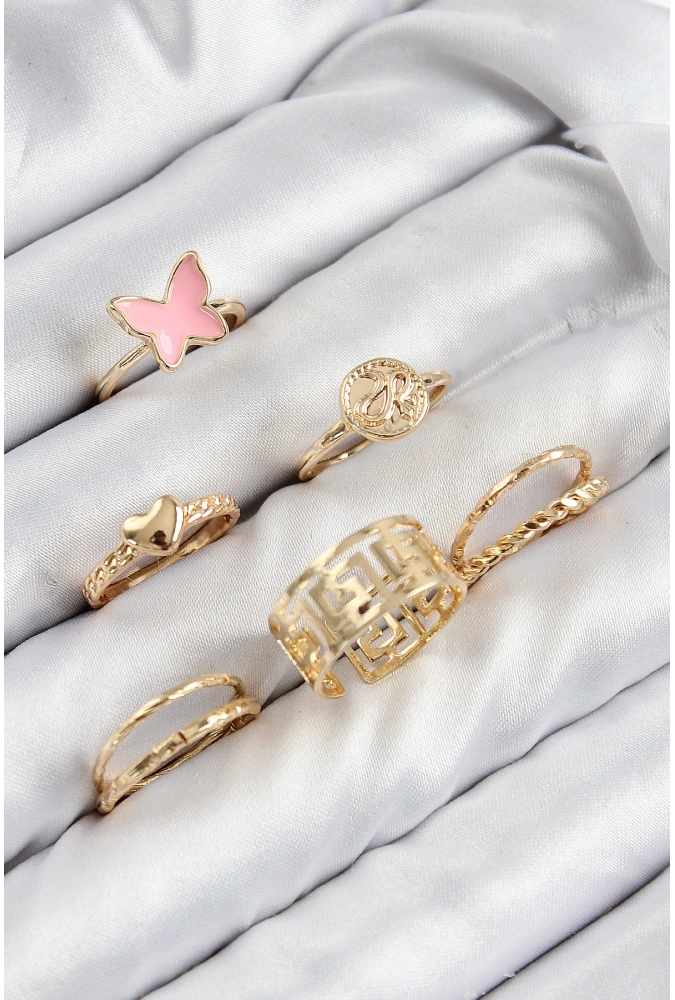 Shoecide Pirinç Kelebek Ve Kalp Model Gold Renk Kadın Yüzük Kombin Set