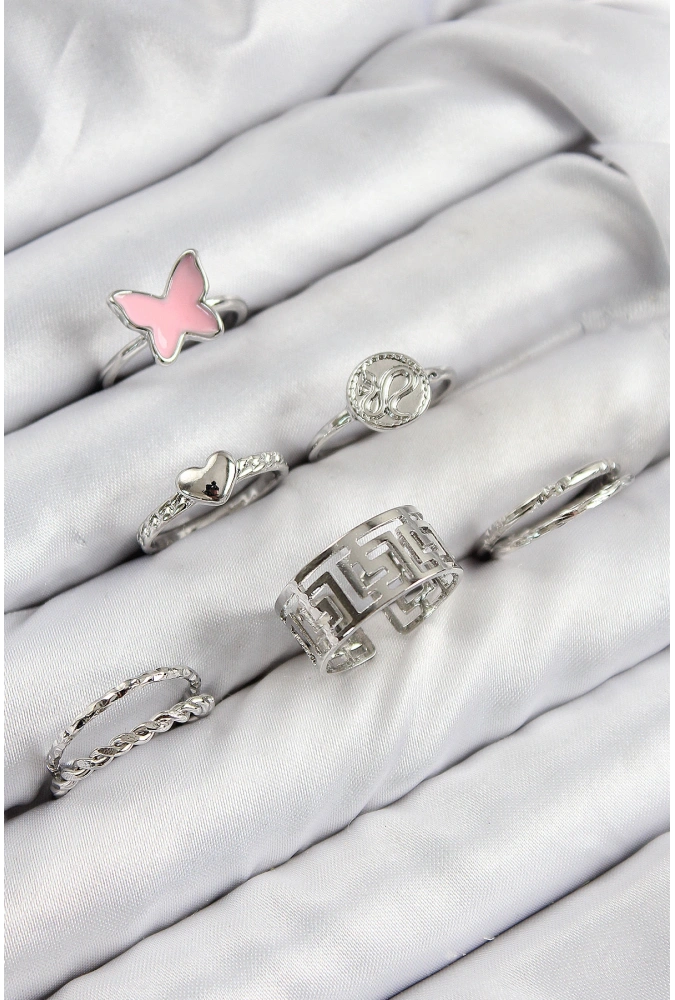 Shoecide Pirinç Kelebek Ve Kalp Model Gümüş Renk Kadın Yüzük Kombin Set