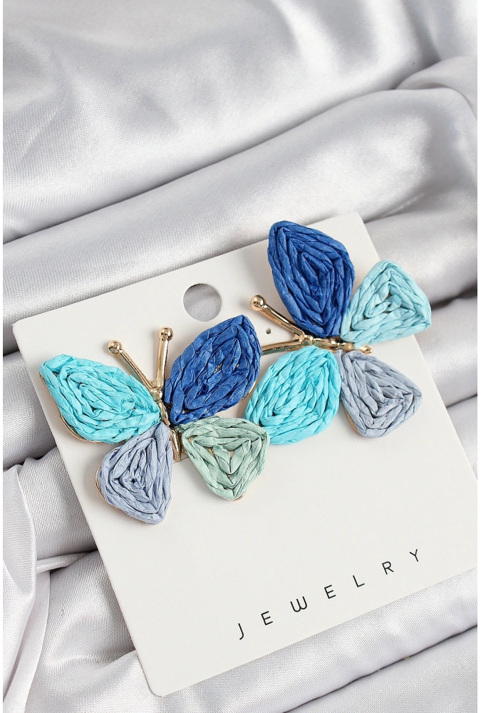 Shoecide Pirinç Mavi Kelebek Model Gold Renk Kadın Hasır Küpe