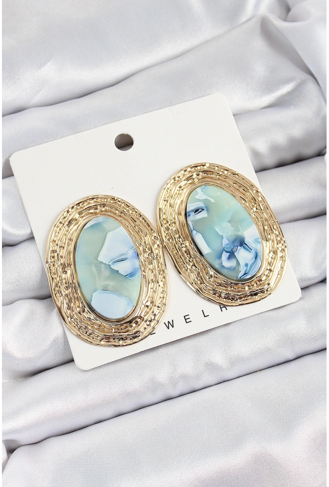 Shoecide Pirinç Mermer Desenlli Mavi Sedef Oval Vintage Model Gold Renk Kadın Küpe