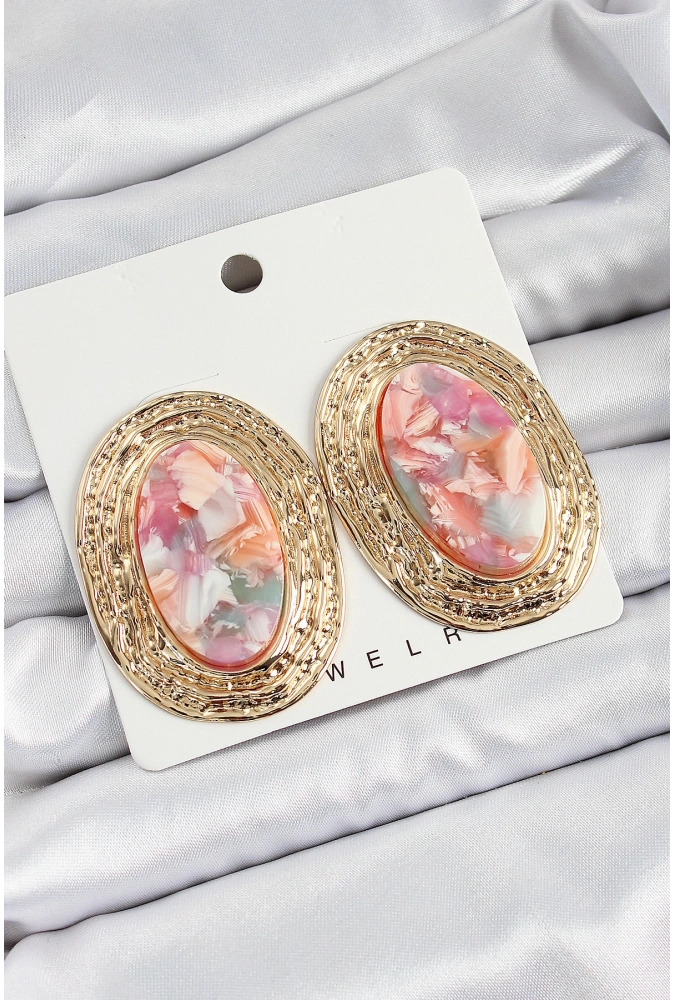 Shoecide Pirinç Mermer Desenlli Pembe Sedef Oval Vintage Model Gold Renk Kadın Küpe