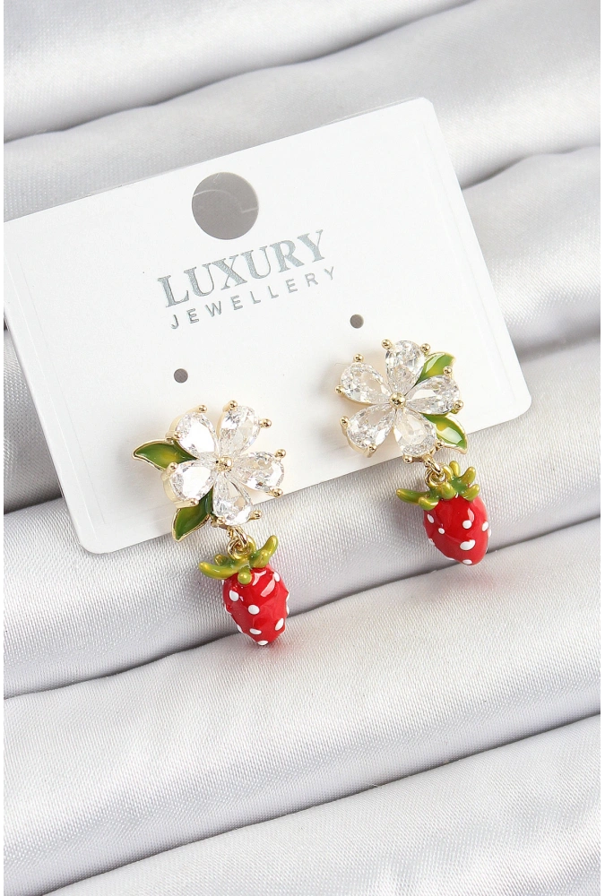 Shoecide Pirinç Mineli Zirkon Taşlı Çiçek Model Sallantılı Çilek Detaylı Gold Renk Kadın Küpe