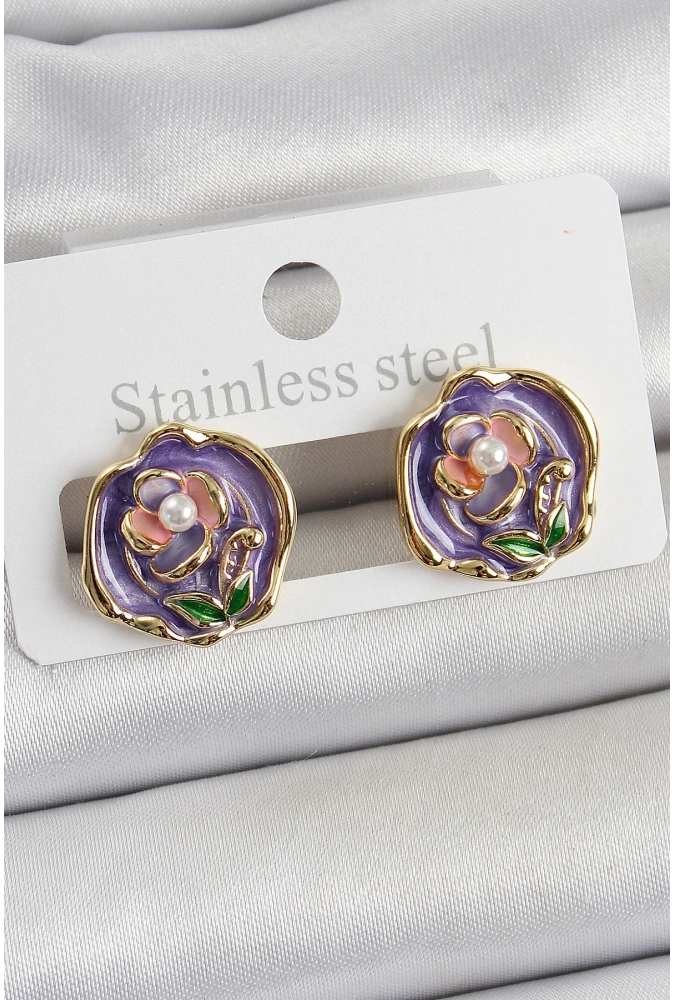 Shoecide Pirinç Mor Mineli Çiçek Figürlü Sanatsal Portre Model Gold Renk Kadın Küpe