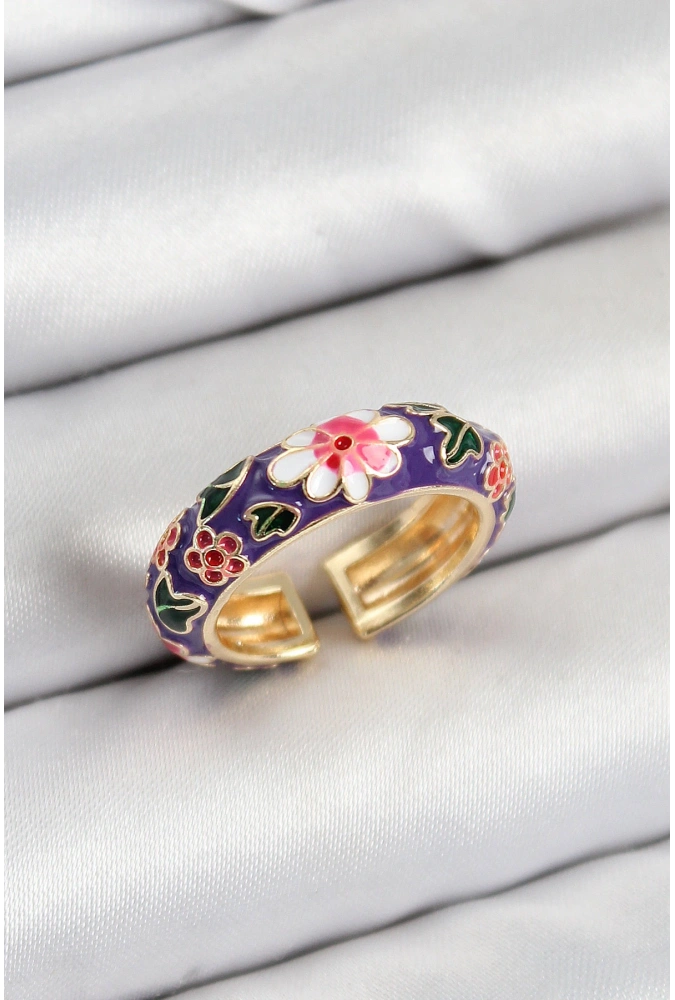 Shoecide Pirinç Mor Mineli Çiçek Motifli Gold Renk Ayarlanabilir Kadın Yüzük