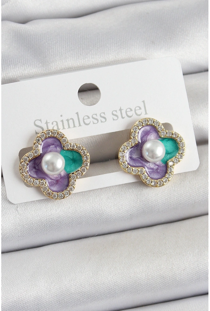 Shoecide Pirinç Mor Mineli İnci Detaylı Zirkon Taşlı Sanatsal Portre Yonca Model Gold Renk Kadın Küpe