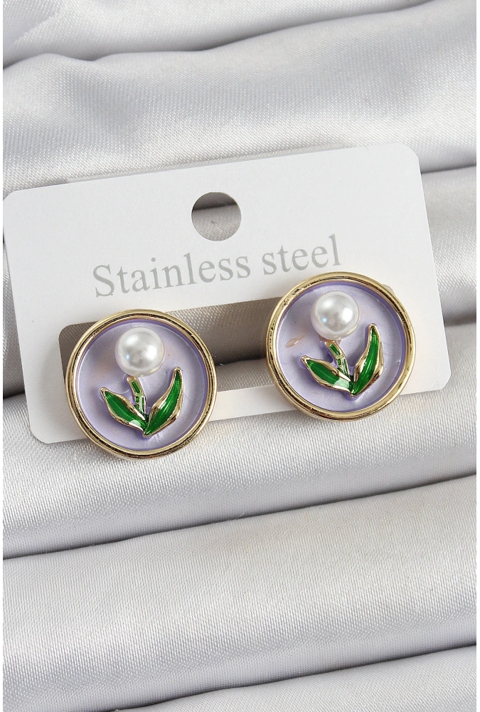 Shoecide Pirinç Mor Mineli Lale Figürlü Sanatsal Portre Model Gold Renk Kadın Küpe