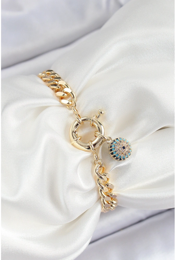 Shoecide Pirinç Nazar Model Zirkon Taşlı Gold Renk Vip Seri Kadın Bileklik