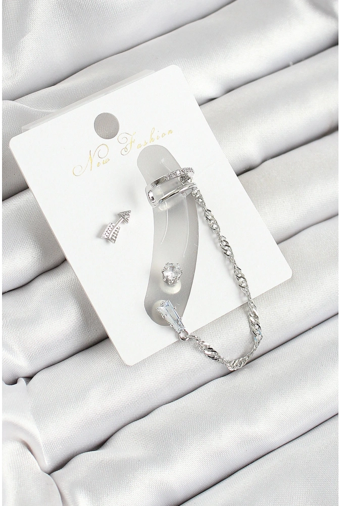 Shoecide Pirinç Ok Figürlü Zirkon Taşlı Gümüş Renk 3lü Kıkırdak Kadın Küpe Set