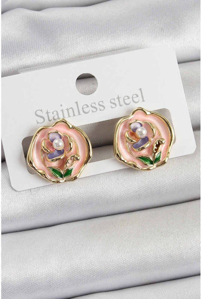 Shoecide Pirinç Pembe Mineli Çiçek Figürlü Sanatsal Portre Model Gold Renk Kadın Küpe