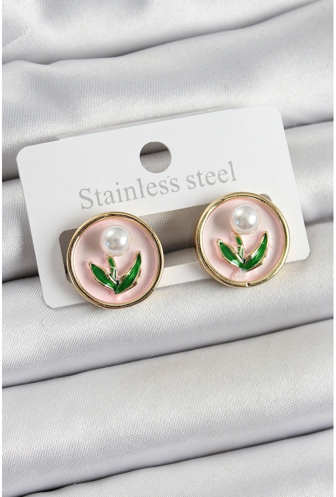 Shoecide Pirinç Pembe Mineli Lale Figürlü Sanatsal Portre Model Gold Renk Kadın Küpe