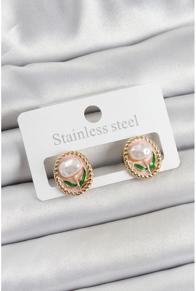 Shoecide Pirinç Pembe Mineli Lale Figürlü Sanatsal Portre Model Gold Renk Kadın Küpe