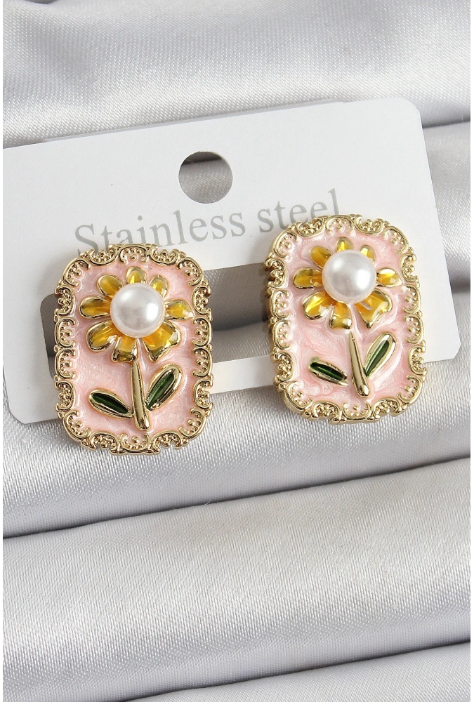 Shoecide Pirinç Pembe Mineli Papatya Figürlü Sanatsal Portre Model Gold Renk Kadın Küpe