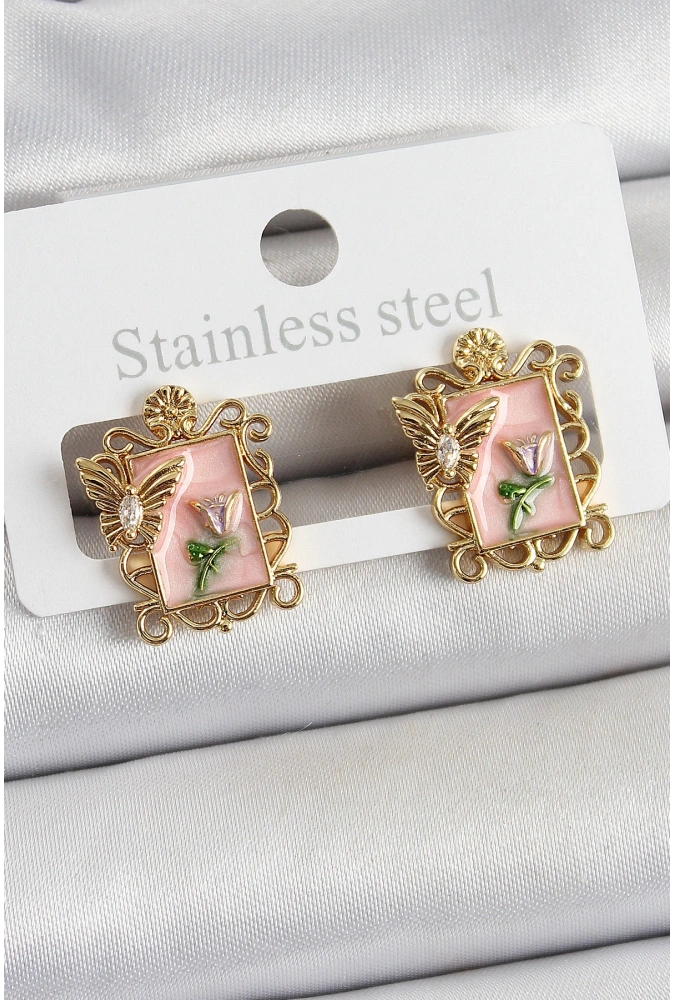 Shoecide Pirinç Pembe Mineli Sanatsal Portre Model Gold Renk Kadın Küpe