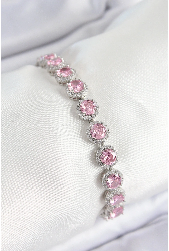 Shoecide Pirinç Pembe Zirkon Taşlı Daire Baget Model Gümüş Renk Vıp Seri Kadın Bileklik