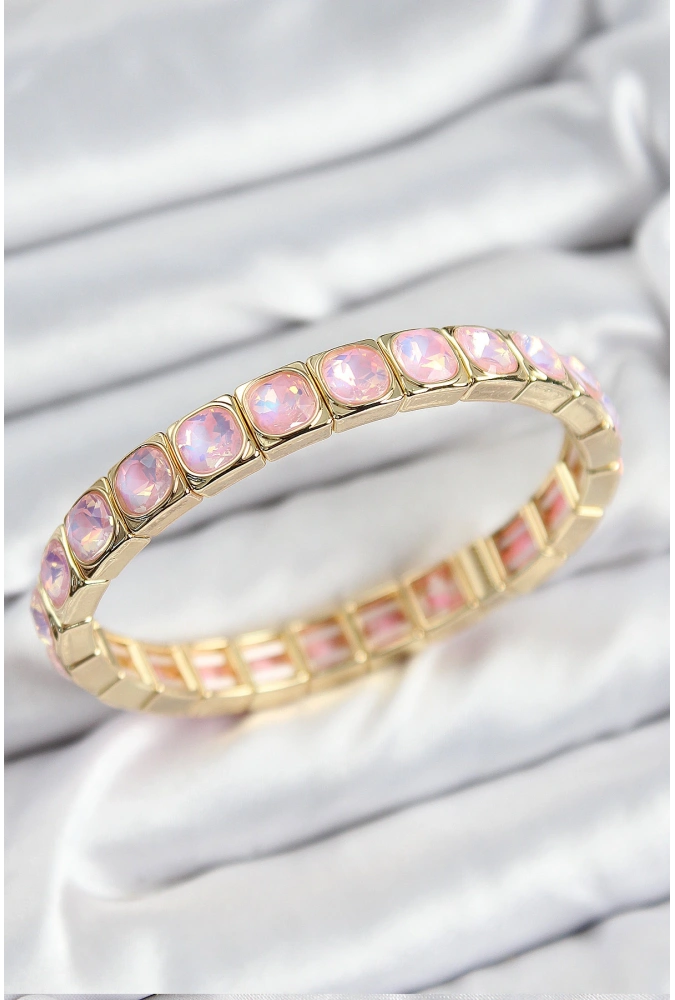 Shoecide Pirinç Pembe Zirkon Taşlı Kare Model Gold Renk Lastikli Kadın Bileklik
