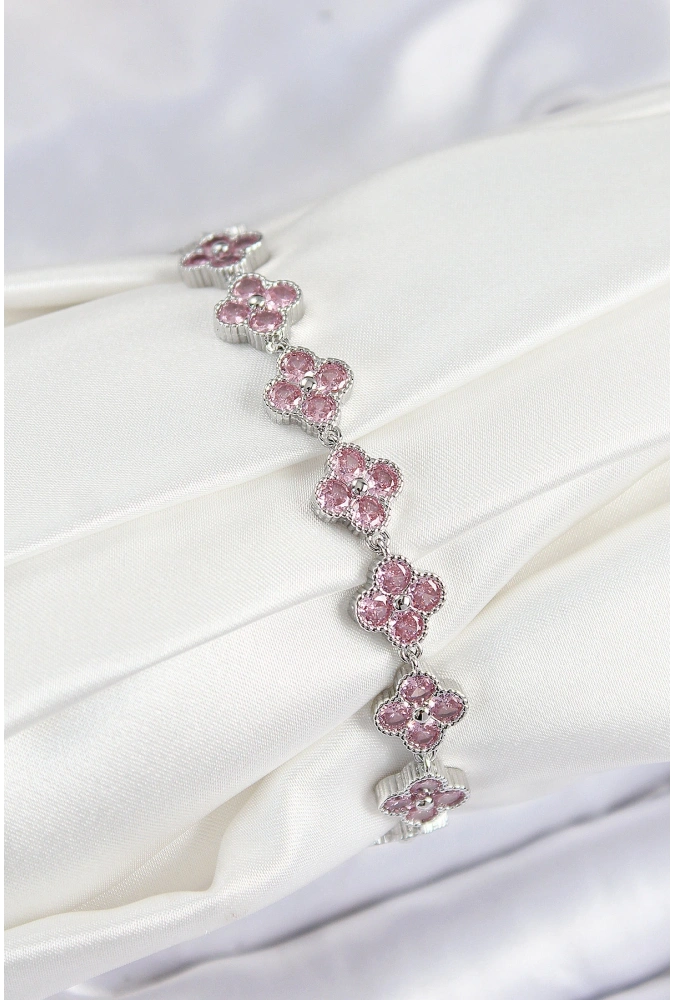 Shoecide Pirinç Pembe Zirkon Taşlı Yonca Model Gümüş Renk Vıp Seri Kadın Bileklik