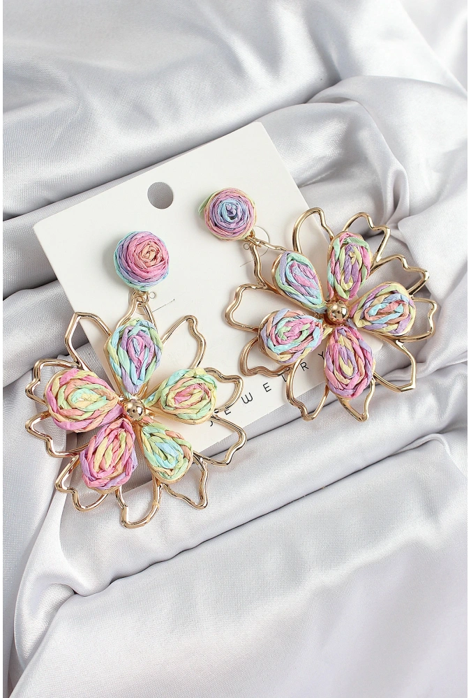 Shoecide Pirinç Rainbow Çiçek Model Gold Renk Kadın Hasır Küpe