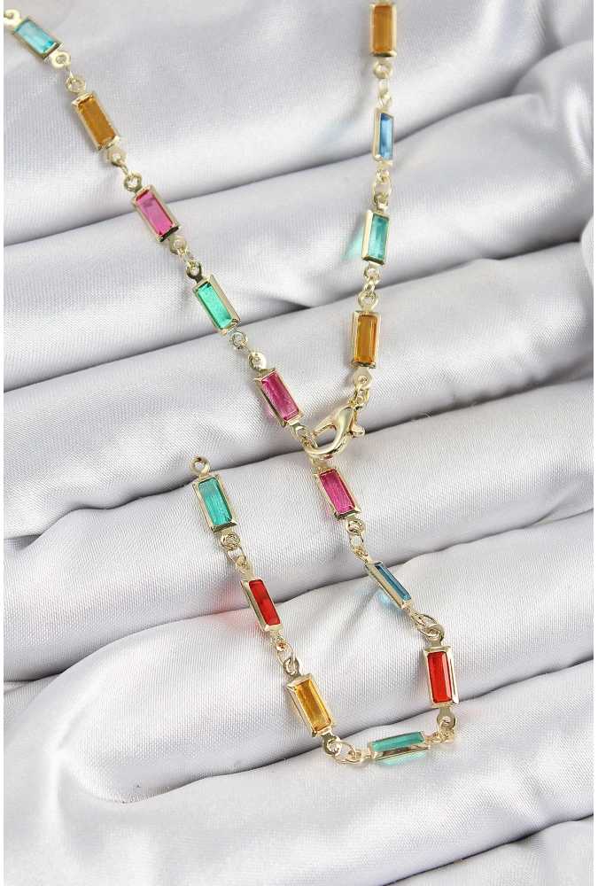 Shoecide Pirinç Renkli Zirkon Taşlı Dikdörtgen Model Gold Renk Kadın Y Kolye