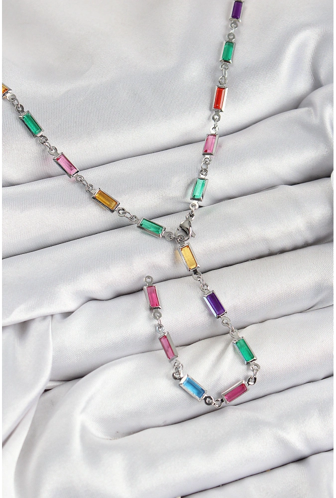 Shoecide Pirinç Renkli Zirkon Taşlı Dikdörtgen Model Gümüş Renk Kadın Y Kolye