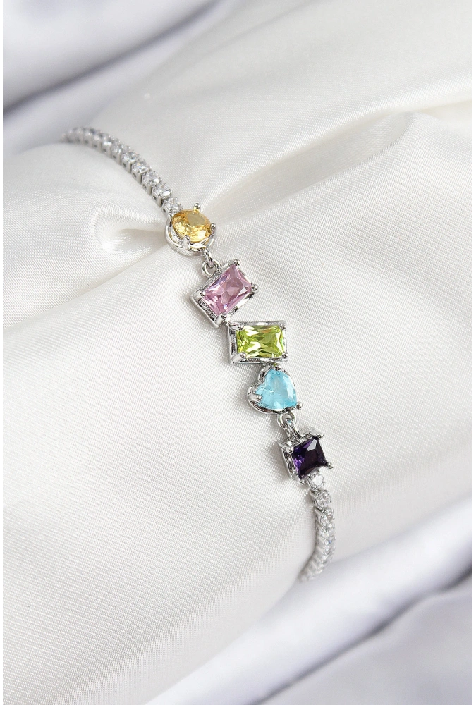 Shoecide Pirinç Renkli Zirkon Taşlı Geometrik Model Gümüş Renk Kadın Bileklik