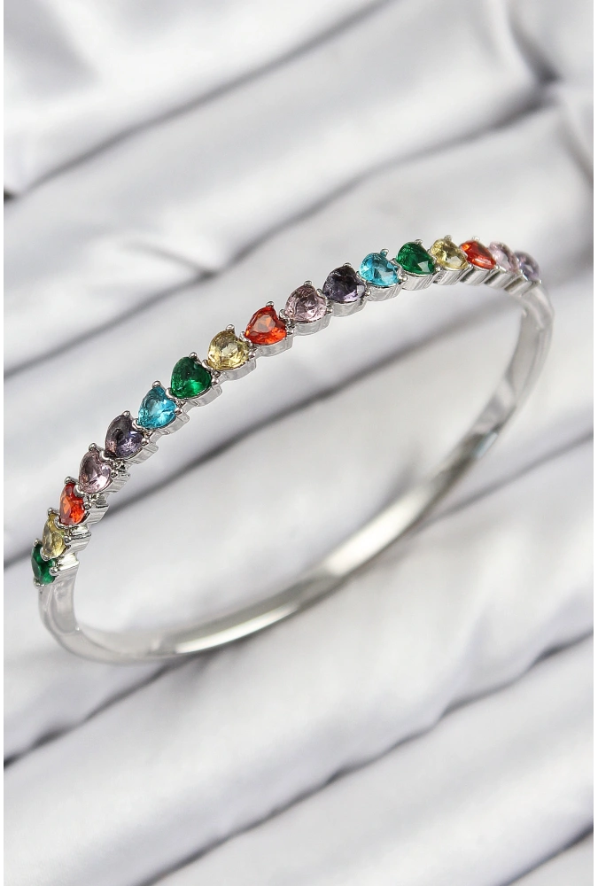 Shoecide Pirinç Renkli Zirkon Taşlı Kalp Model Gümüş Renk Kadın Kelepçe