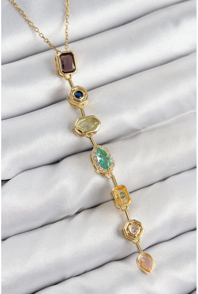 Shoecide Pirinç Renkli Zirkon Taşlı Model Gold Renk 7 Element Kadın Y Kolye