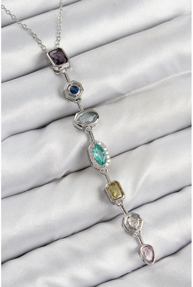 Shoecide Pirinç Renkli Zirkon Taşlı Model Gümüş Renk 7 Element Kadın Y Kolye