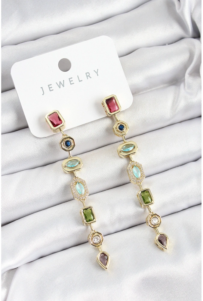 Shoecide Pirinç Renkli Zirkon Taşlı Sallantılı Model Gold Renk Kadın Küpe