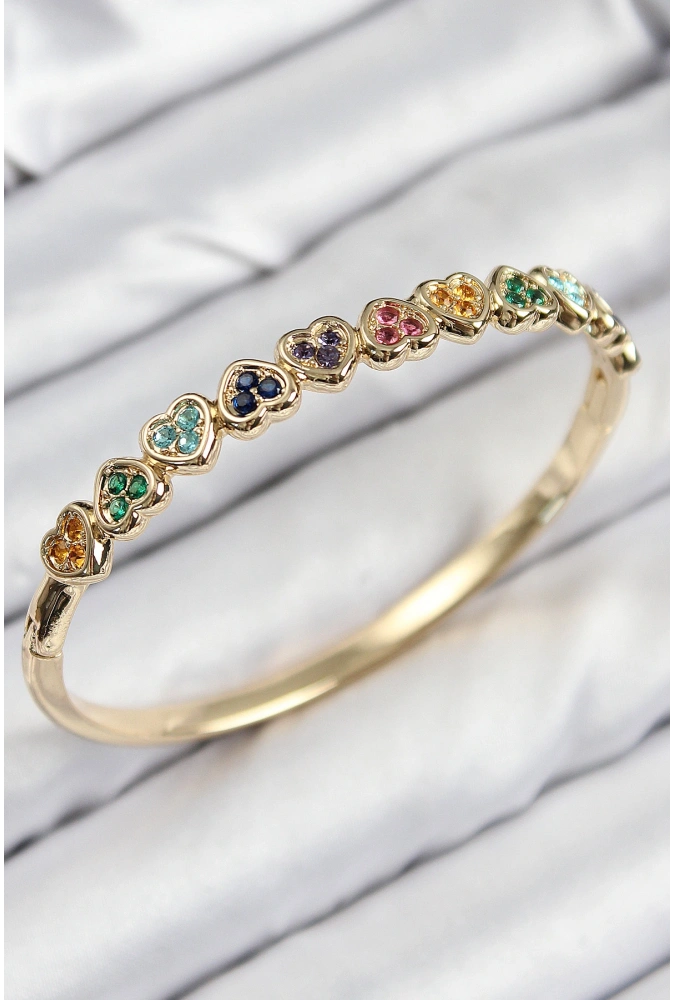 Shoecide Pirinç Renkli Zirkon Taşlı Sıralı Kalp Model Gold Renk Kadın Kelepçe