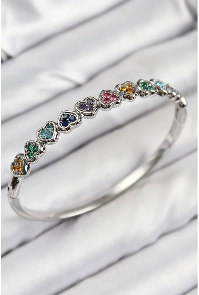 Shoecide Pirinç Renkli Zirkon Taşlı Sıralı Kalp Model Gümüş Renk Kadın Kelepçe